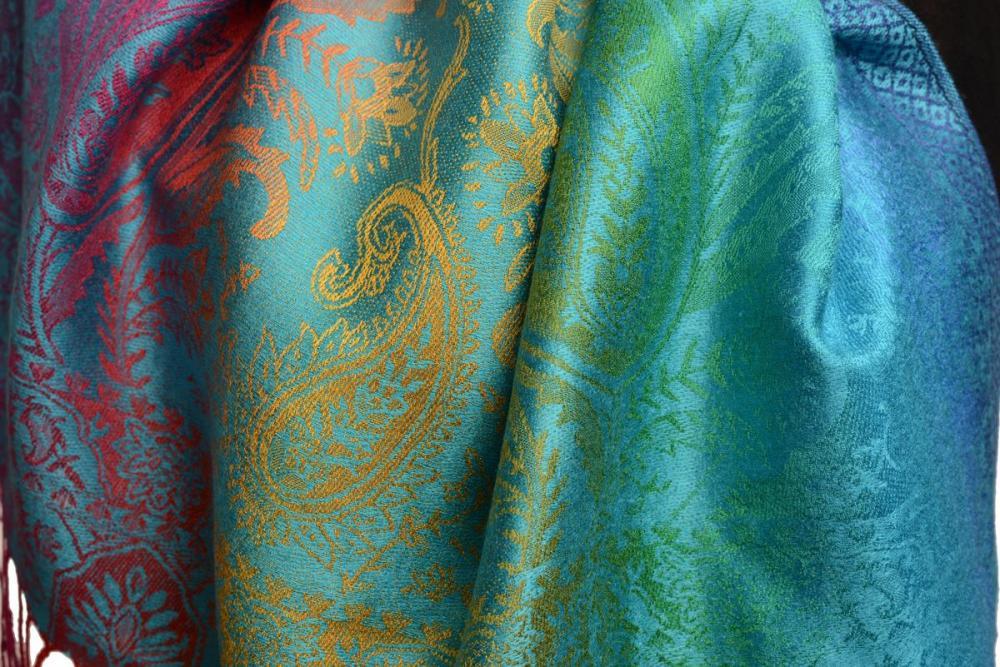 Liss Kiss Large Ombre Paisley & Diamond On Dodger Blue Pashmina With Tassels - Scarf