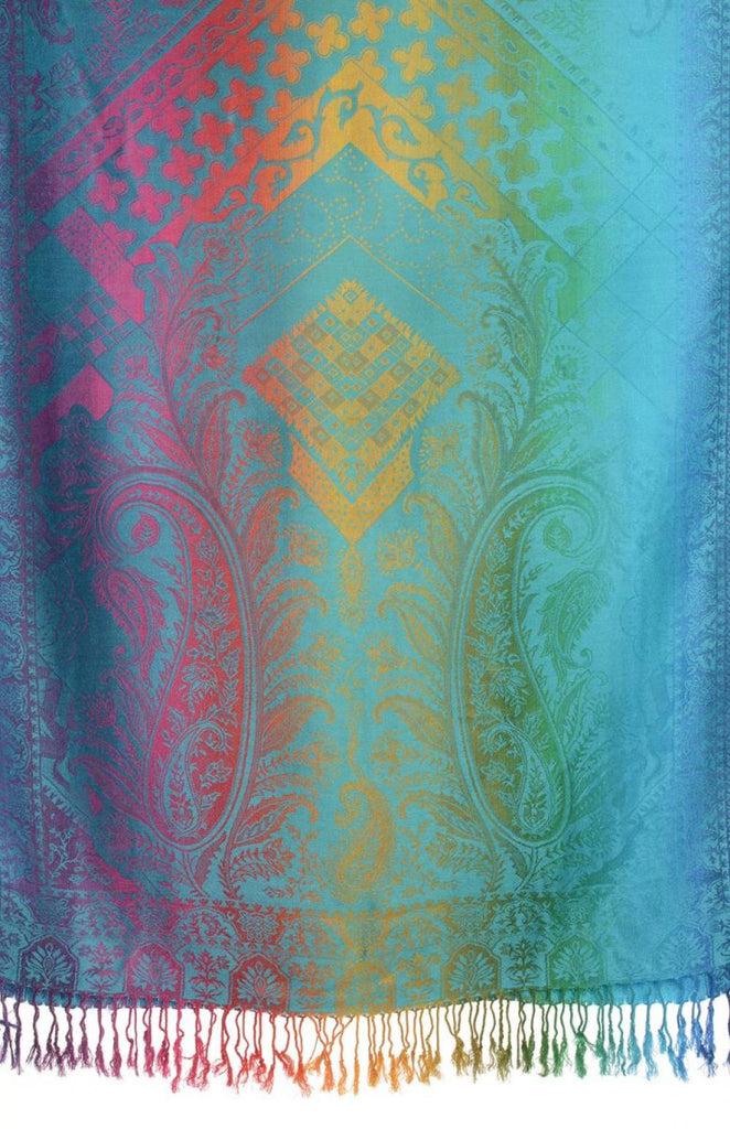 Liss Kiss Large Ombre Paisley & Diamond On Dodger Blue Pashmina With Tassels - Scarf