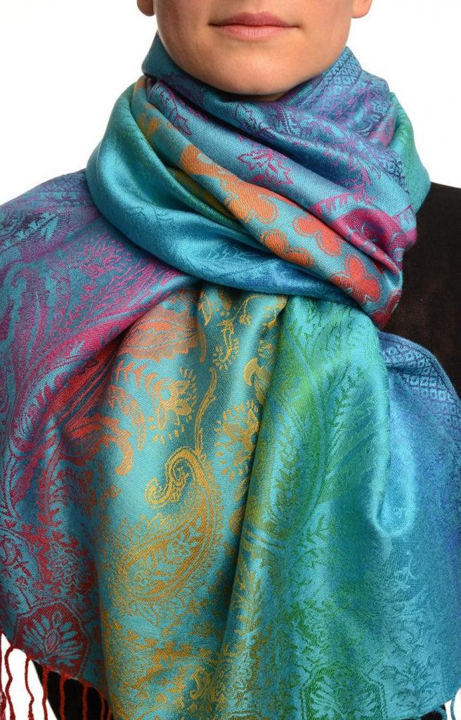 liss kiss Large Ombre Paisley & Diamond On Dodger Blue Pashmina With Tassels - Scarf