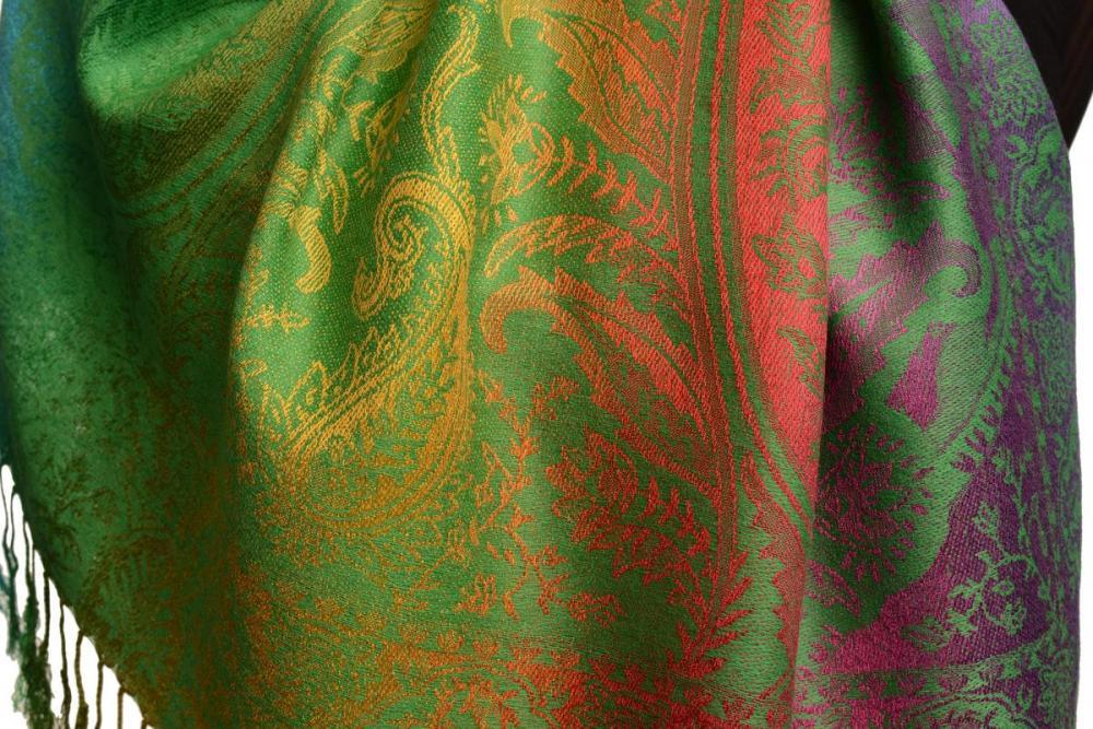 Liss Kiss Large Ombre Paisley & Diamond On Green Pashmina With Tassels - Scarf