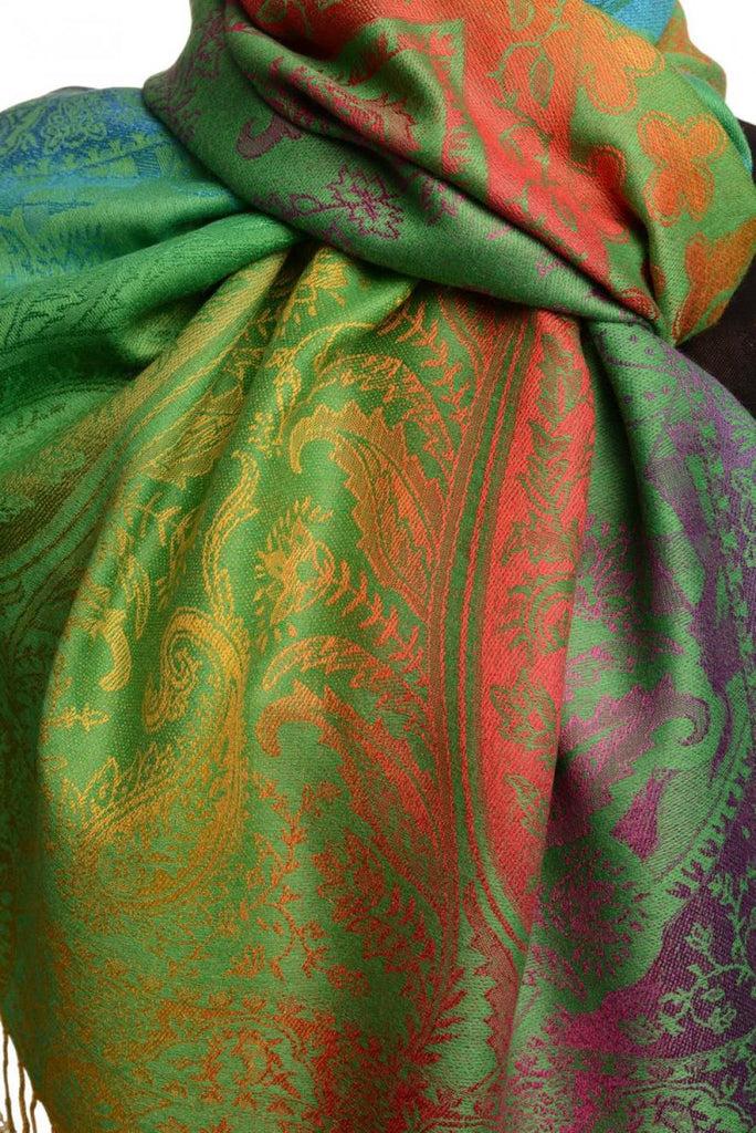Liss Kiss Large Ombre Paisley & Diamond On Green Pashmina With Tassels - Scarf