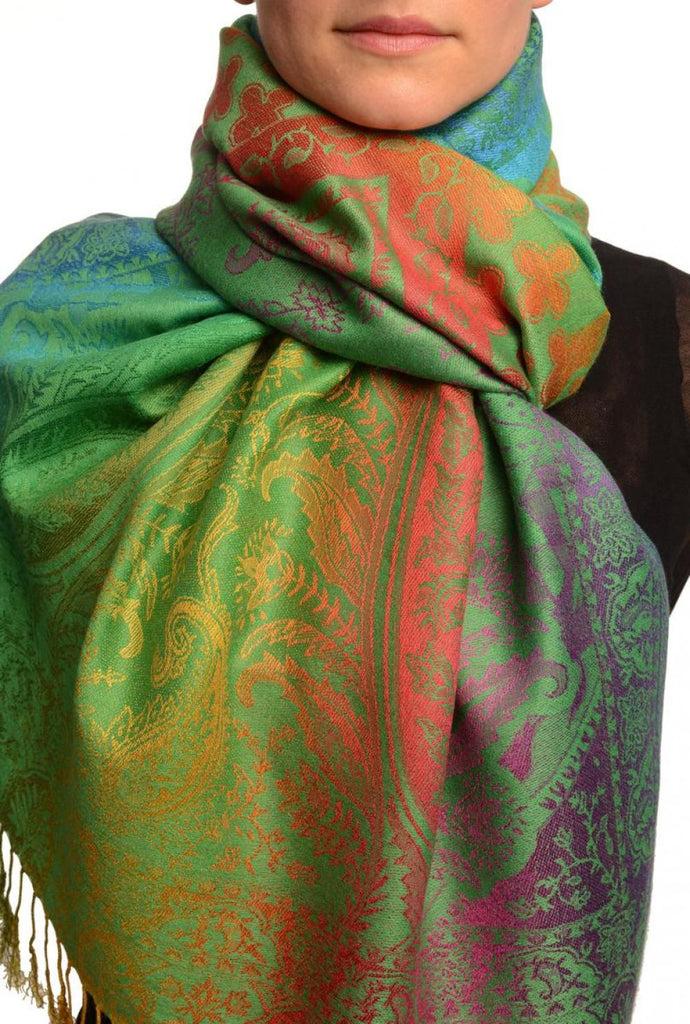 liss kiss Large Ombre Paisley & Diamond On Green Pashmina With Tassels - Scarf