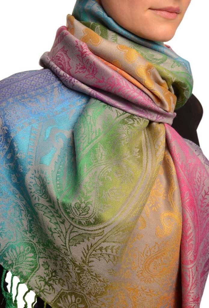 Liss Kiss Large Ombre Paisley & Diamond On Grey Pashmina With Tassels - Scarf