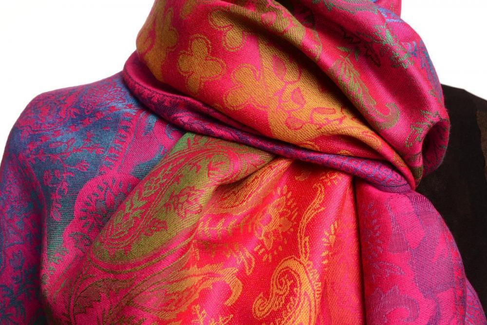 Liss Kiss Large Ombre Paisley & Diamond On Magenta Pashmina With Tassels - Scarf