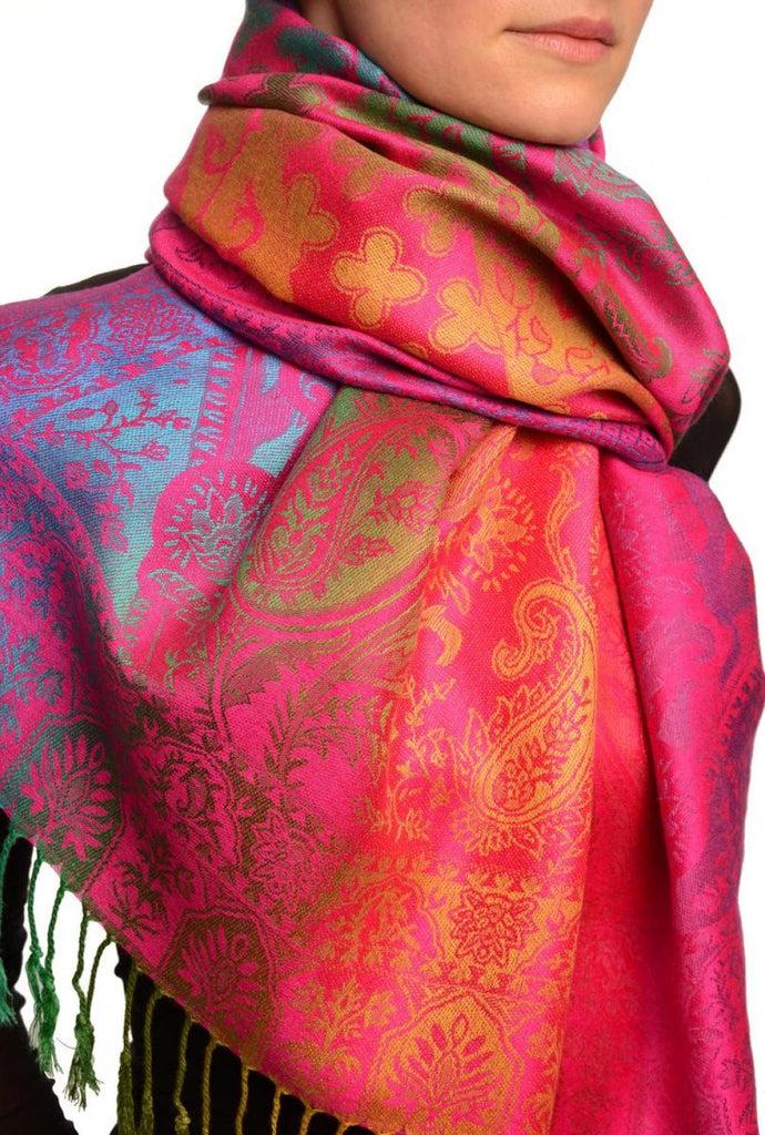 Liss Kiss Large Ombre Paisley & Diamond On Magenta Pashmina With Tassels - Scarf