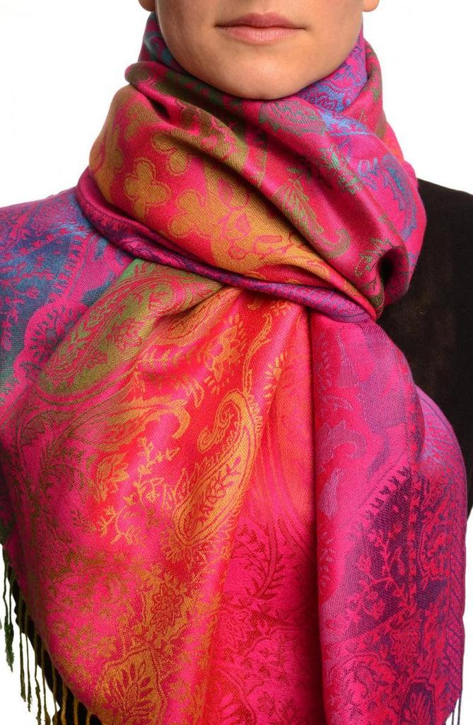 liss kiss Large Ombre Paisley & Diamond On Magenta Pashmina With Tassels - Scarf