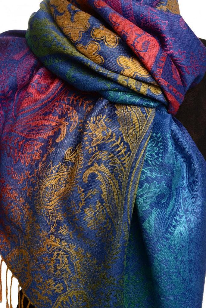 Liss Kiss Large Ombre Paisley & Diamond On Persian Blue Pashmina With Tassels - Scarf