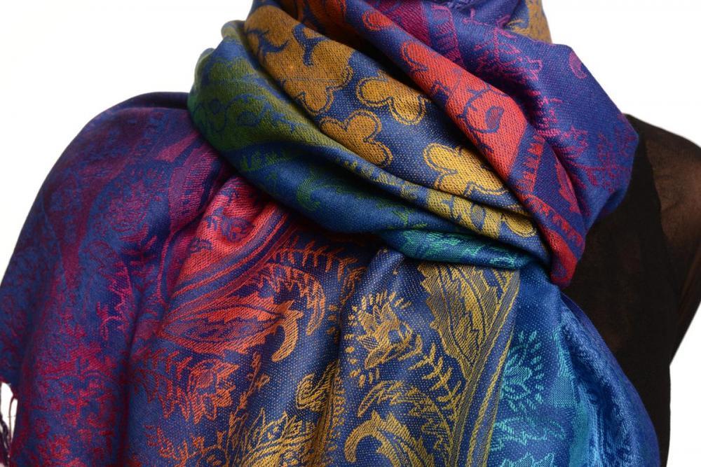 Liss Kiss Large Ombre Paisley & Diamond On Persian Blue Pashmina With Tassels - Scarf