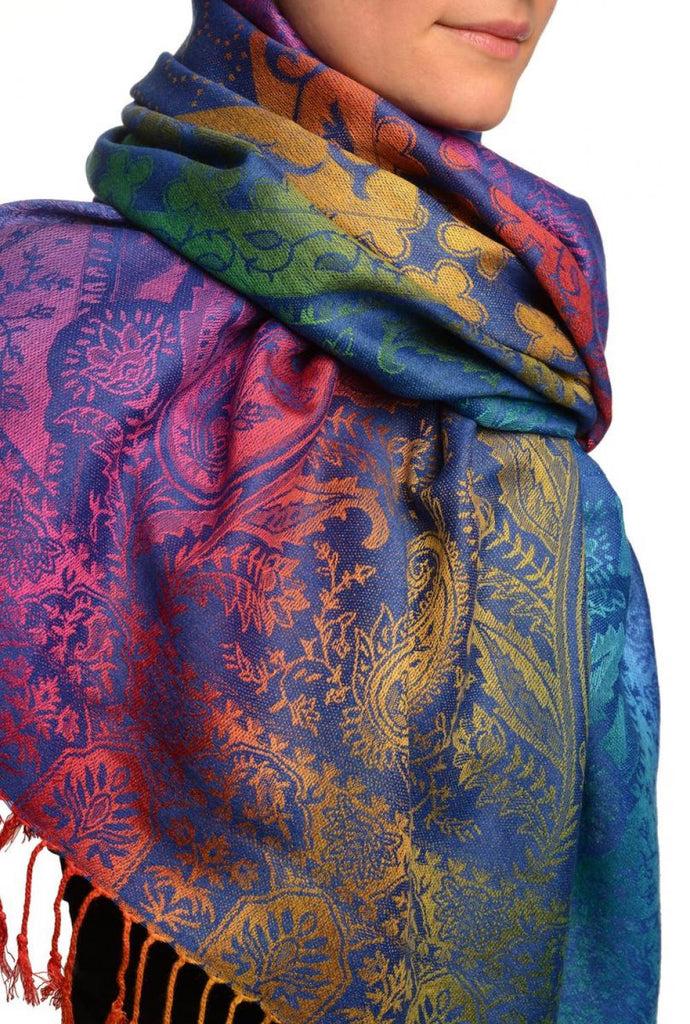 Liss Kiss Large Ombre Paisley & Diamond On Persian Blue Pashmina With Tassels - Scarf