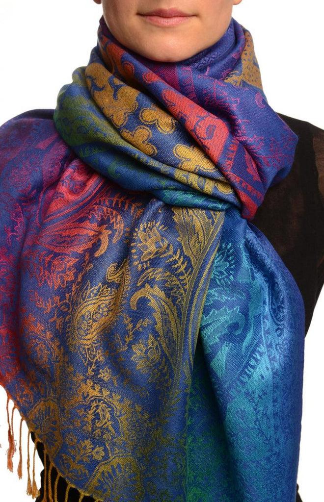 liss kiss Large Ombre Paisley & Diamond On Persian Blue Pashmina With Tassels - Scarf