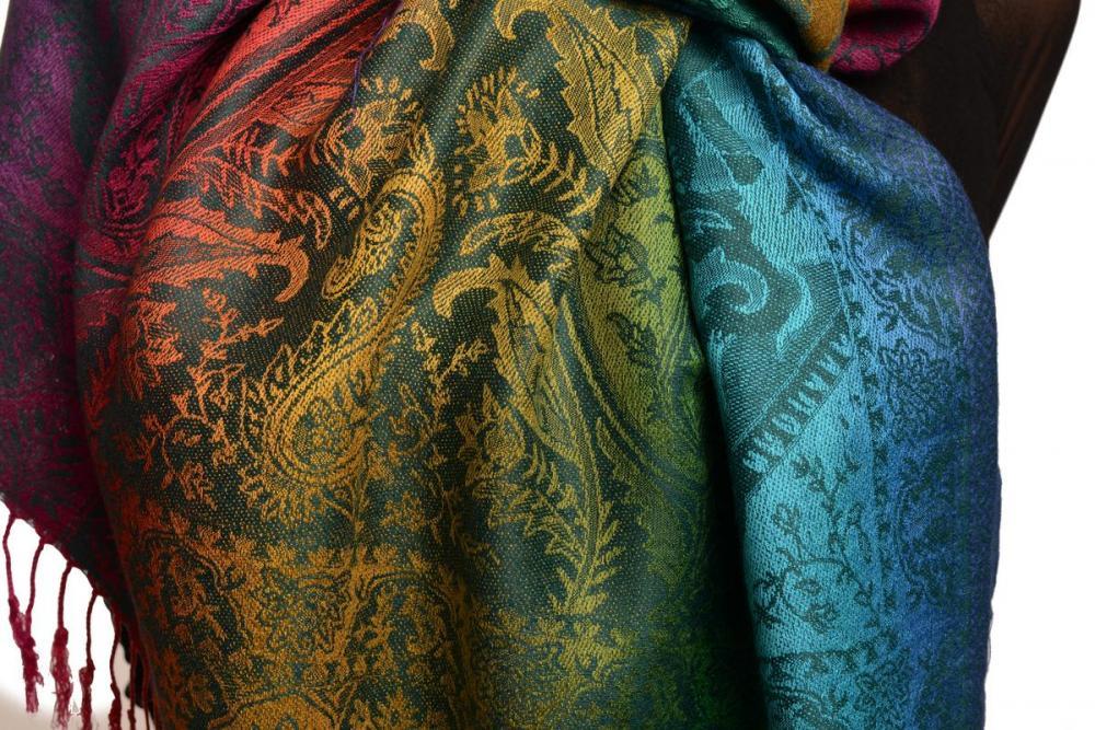 Liss Kiss Large Ombre Paisley & Diamond On Prussian Blue Pashmina With Tassels - Scarf