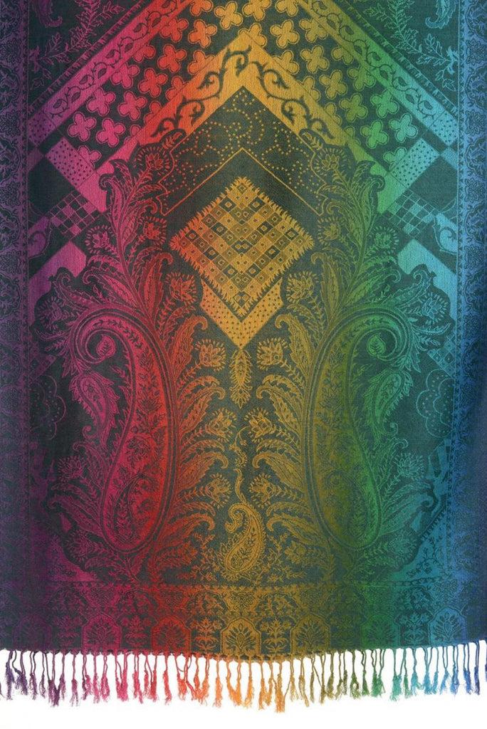 Liss Kiss Large Ombre Paisley & Diamond On Prussian Blue Pashmina With Tassels - Scarf