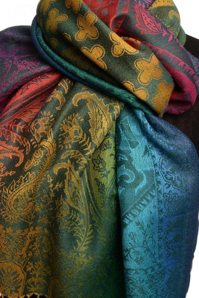 Liss Kiss Large Ombre Paisley & Diamond On Prussian Blue Pashmina With Tassels - Scarf