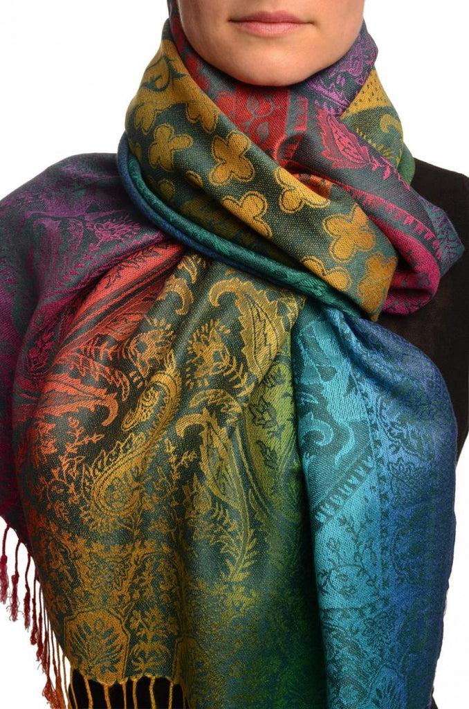 liss kiss Large Ombre Paisley & Diamond On Prussian Blue Pashmina With Tassels - Scarf