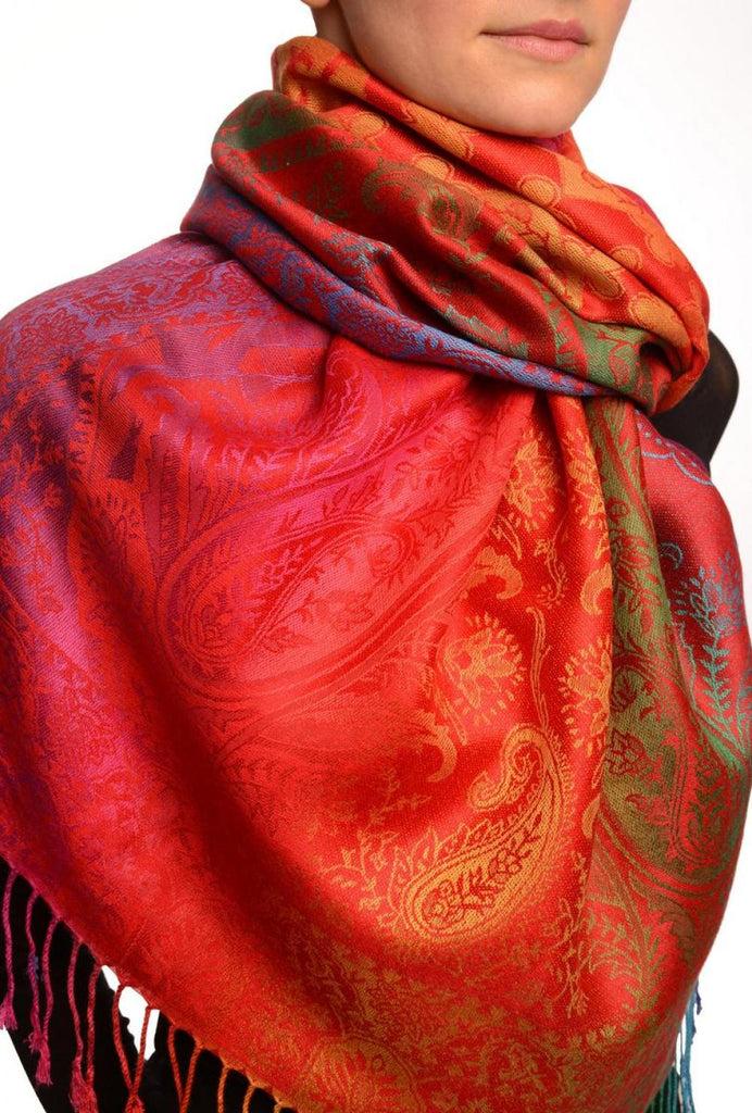 Liss Kiss Large Ombre Paisley & Diamond On Red Pashmina With Tassels - Scarf