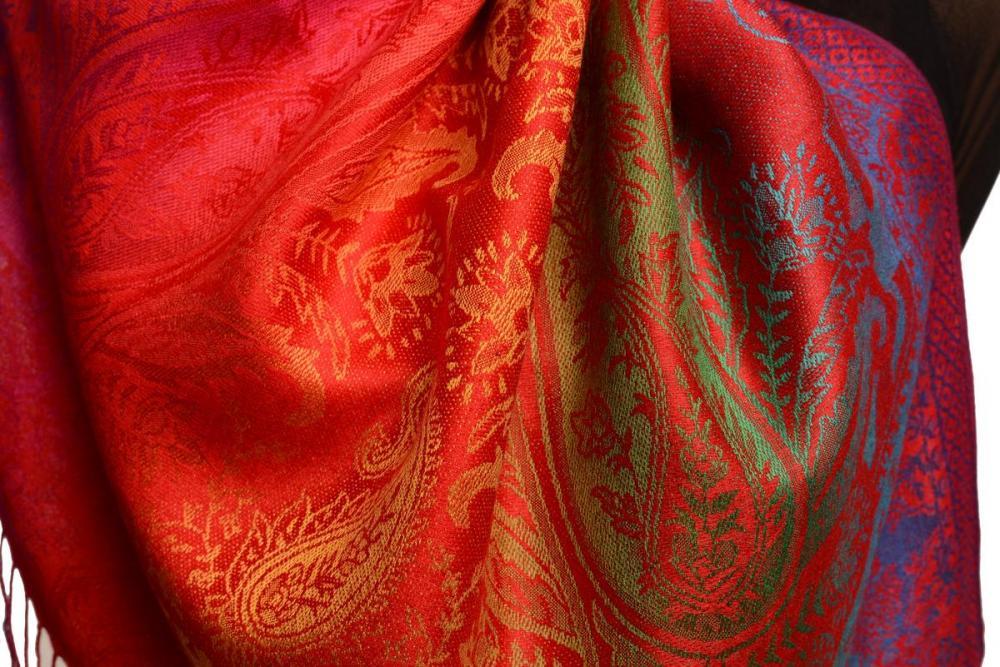 Liss Kiss Large Ombre Paisley & Diamond On Red Pashmina With Tassels - Scarf