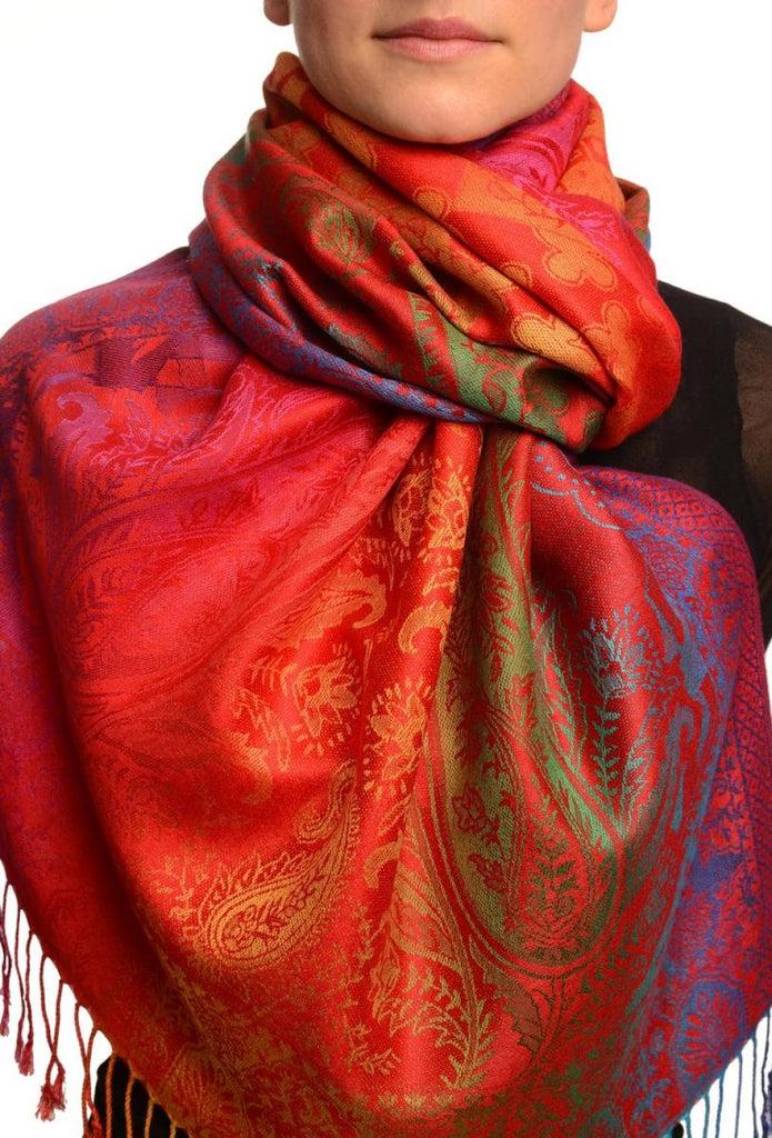 liss kiss Large Ombre Paisley & Diamond On Red Pashmina With Tassels - Scarf