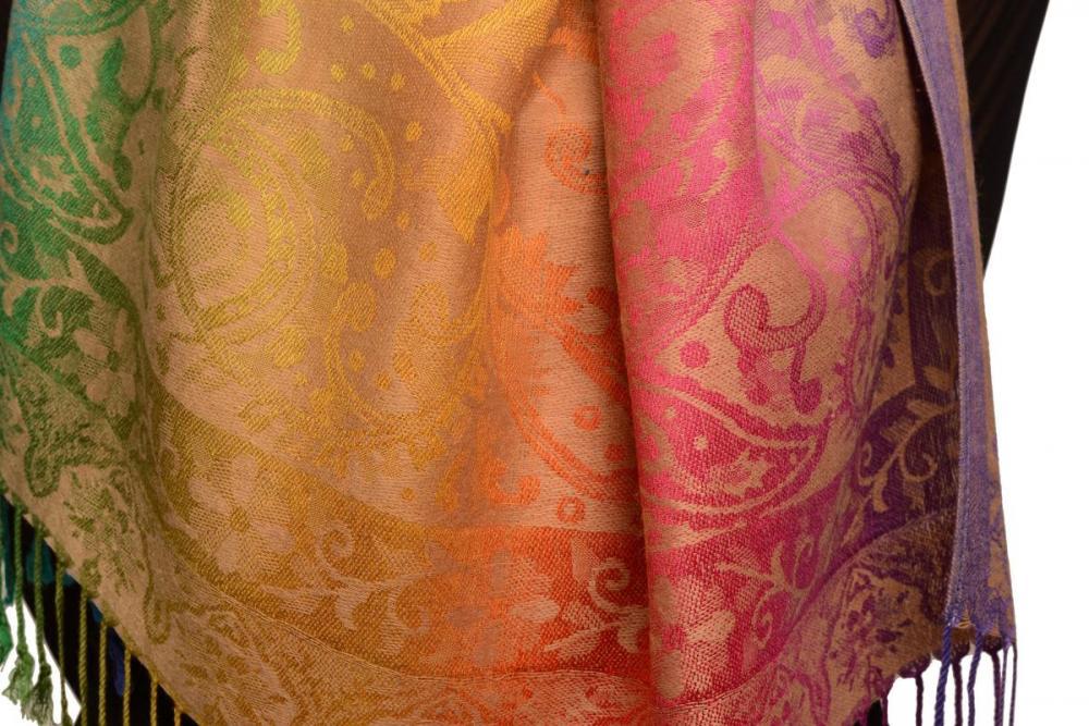 Liss Kiss Large Ombre Paisley On Beige Pashmina With Tassels - Scarf