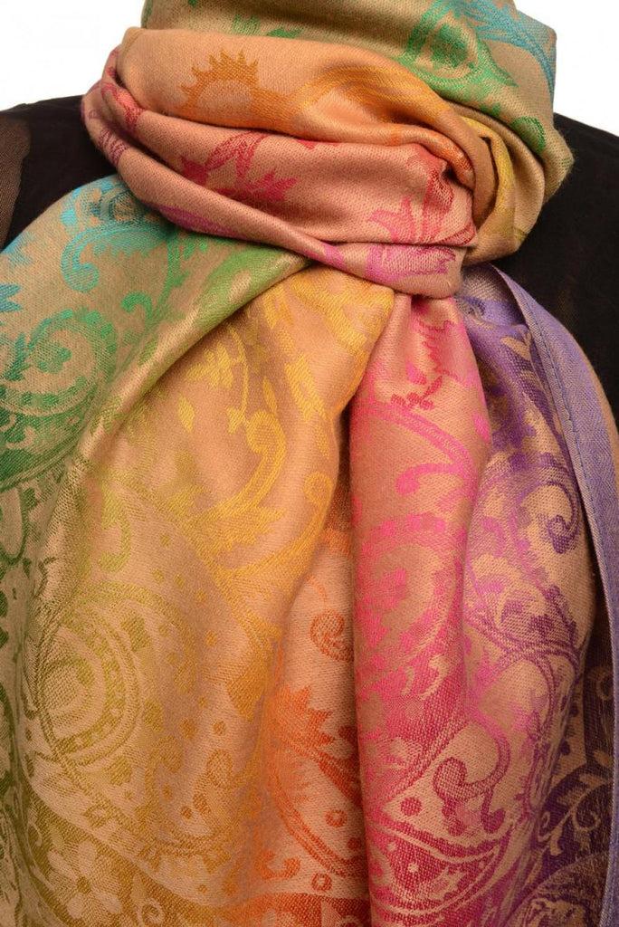 Liss Kiss Large Ombre Paisley On Beige Pashmina With Tassels - Scarf