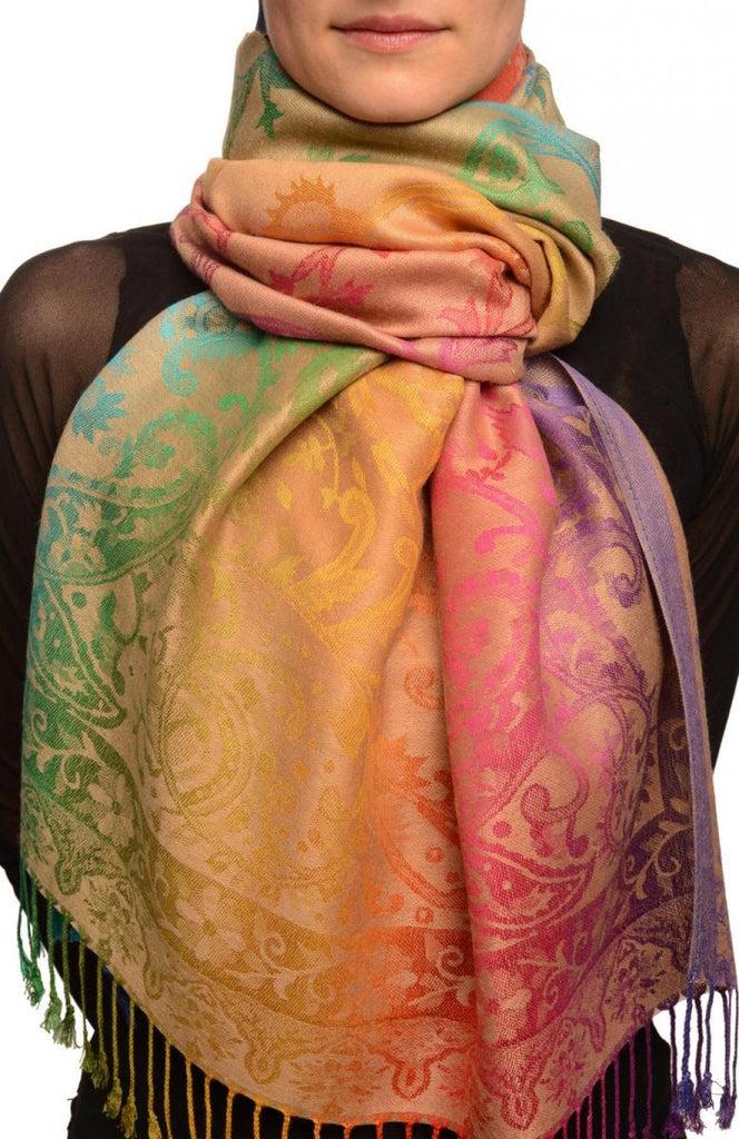 liss kiss Large Ombre Paisley On Beige Pashmina With Tassels - Scarf