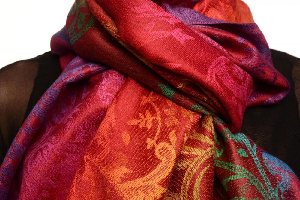 Liss Kiss Large Ombre Paisley On Burgundy Pashmina With Tassels - Scarf