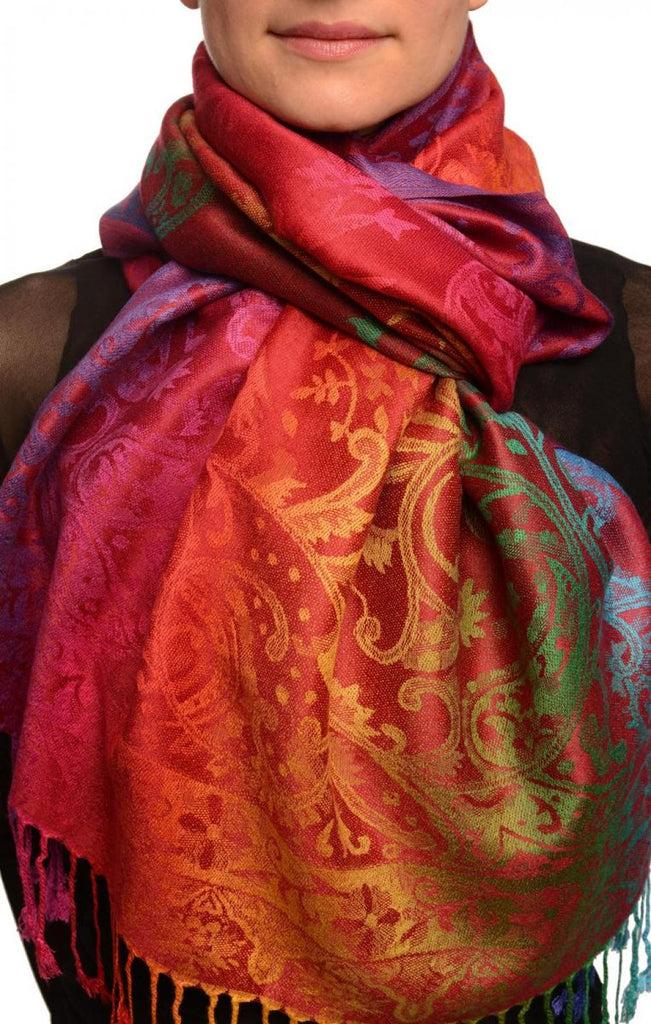 liss kiss Large Ombre Paisley On Burgundy Pashmina With Tassels - Scarf