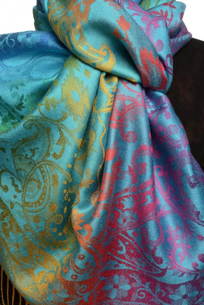 Liss Kiss Large Ombre Paisley On Dodger Blue Pashmina With Tassels - Scarf