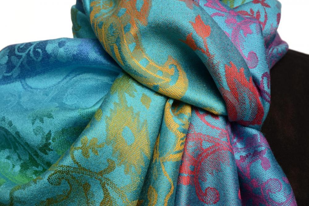 Liss Kiss Large Ombre Paisley On Dodger Blue Pashmina With Tassels - Scarf