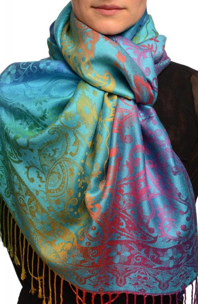 liss kiss Large Ombre Paisley On Dodger Blue Pashmina With Tassels - Scarf