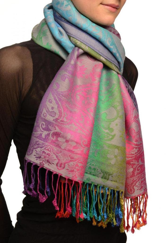 Liss Kiss Large Ombre Paisley On Grey Pashmina With Tassels - Scarf