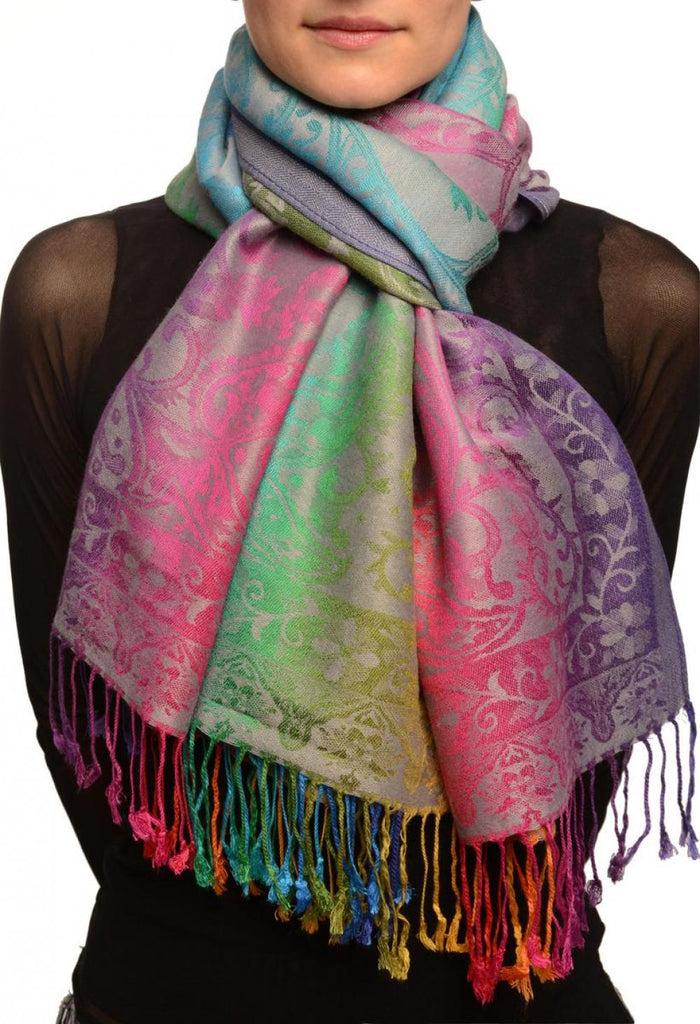 liss kiss Large Ombre Paisley On Grey Pashmina With Tassels - Scarf