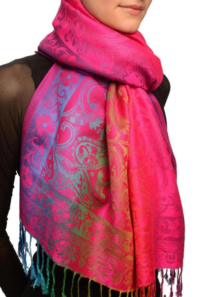 Liss Kiss Large Ombre Paisley On Magenta Pashmina With Tassels - Scarf