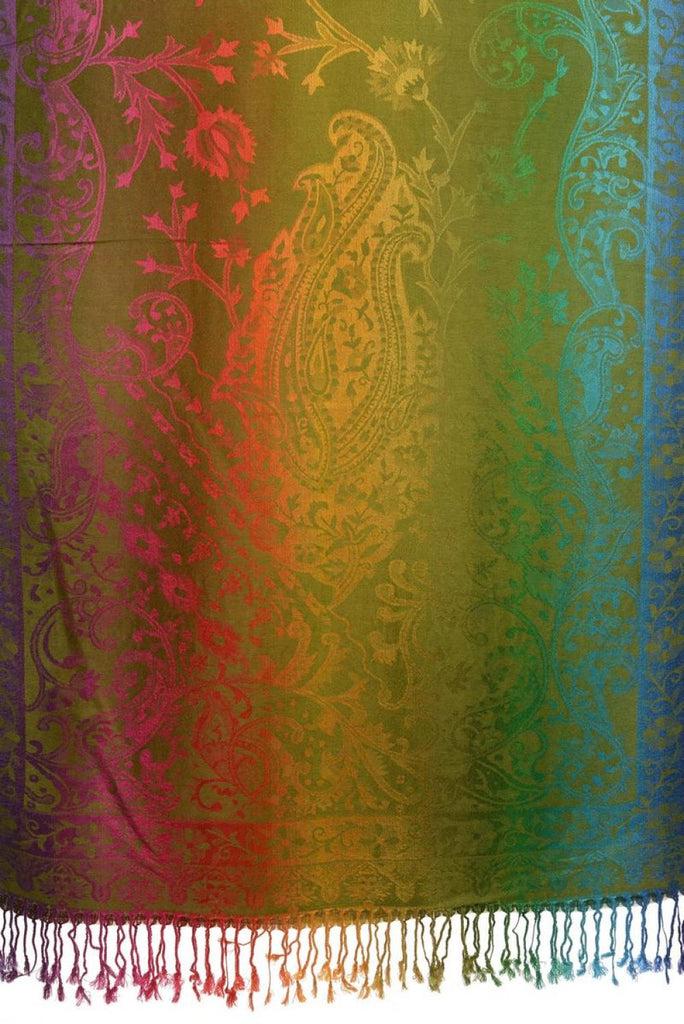 Liss Kiss Large Ombre Paisley On Olive Green Pashmina With Tassels - Scarf