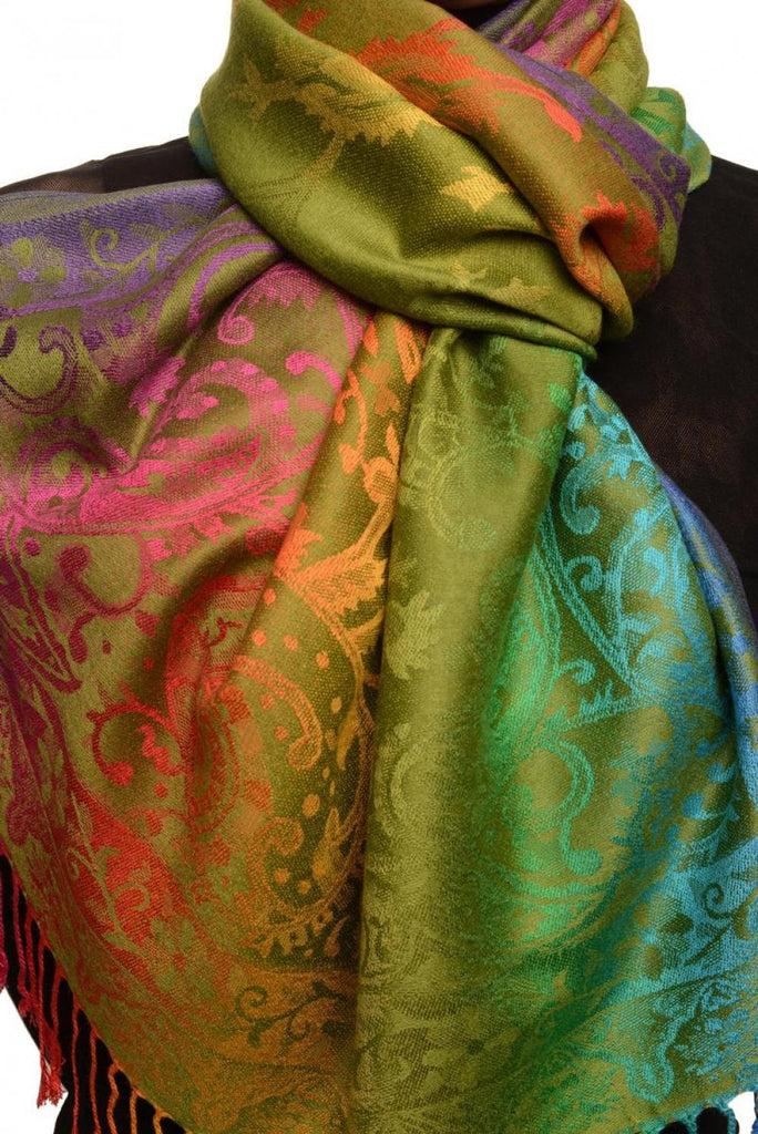 Liss Kiss Large Ombre Paisley On Olive Green Pashmina With Tassels - Scarf