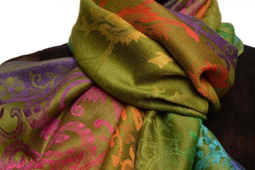 Liss Kiss Large Ombre Paisley On Olive Green Pashmina With Tassels - Scarf