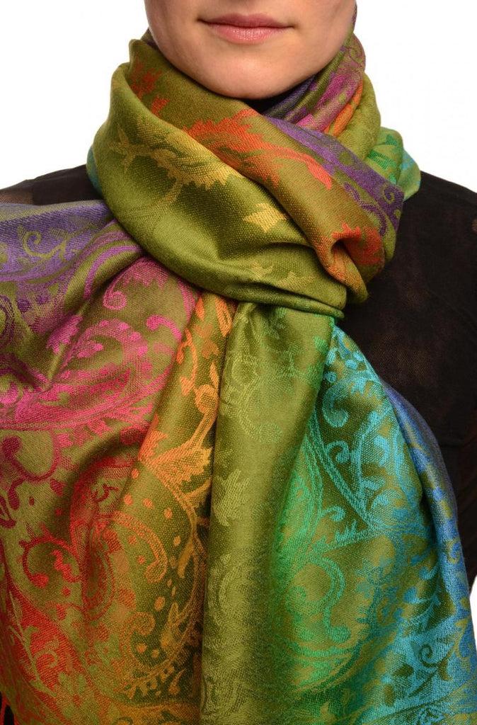 liss kiss Large Ombre Paisley On Olive Green Pashmina With Tassels - Scarf