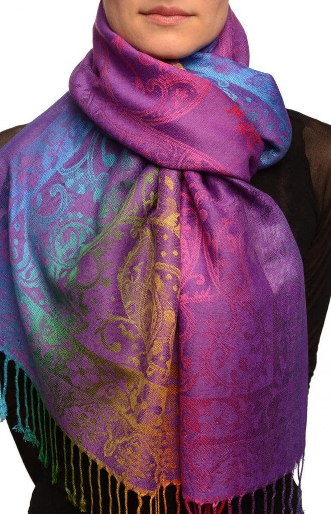 liss kiss Large Ombre Paisley On Purple Pashmina With Tassels - Scarf