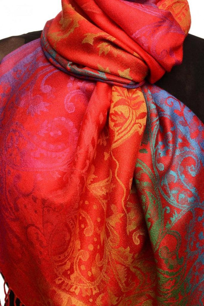 Liss Kiss Large Ombre Paisley On Red Pashmina With Tassels - Scarf