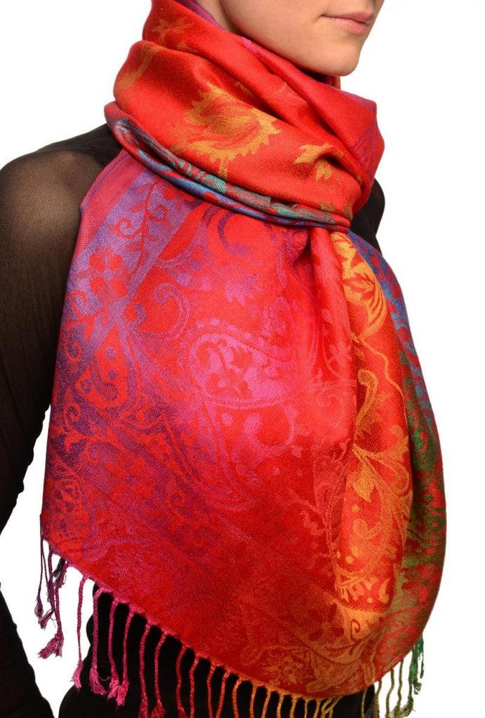 Liss Kiss Large Ombre Paisley On Red Pashmina With Tassels - Scarf