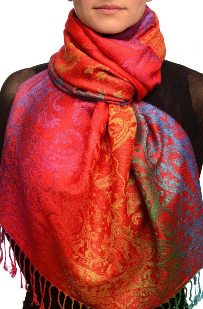 liss kiss Large Ombre Paisley On Red Pashmina With Tassels - Scarf