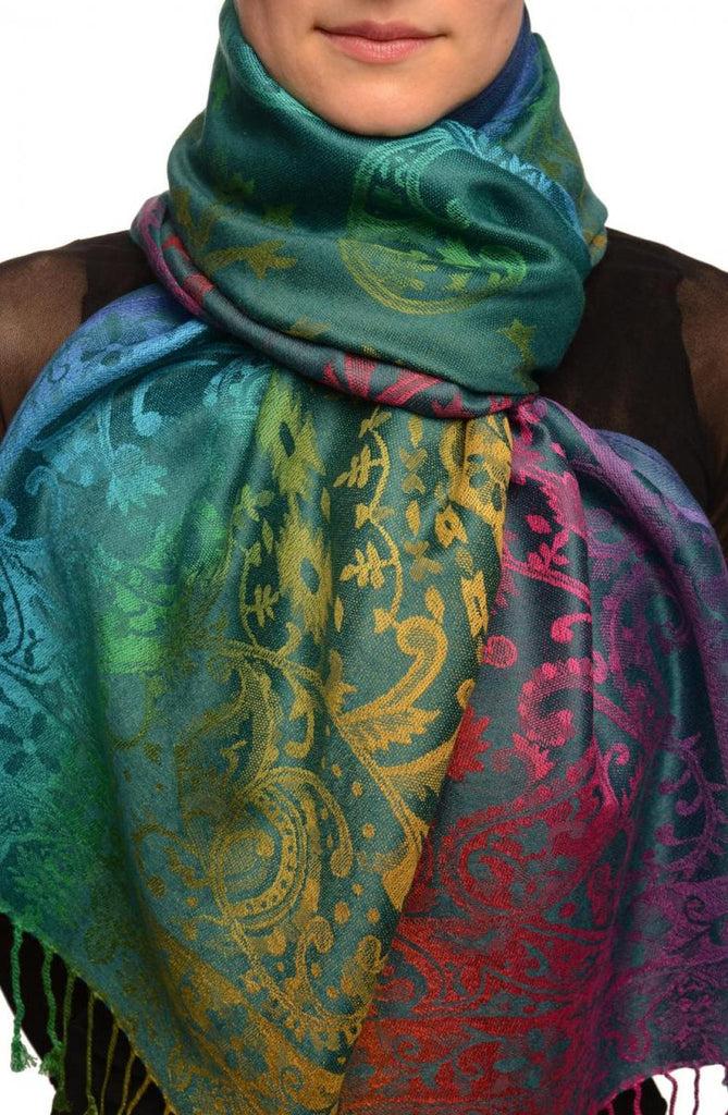 liss kiss Large Ombre Paisley On Yale Blue Pashmina With Tassels - Scarf