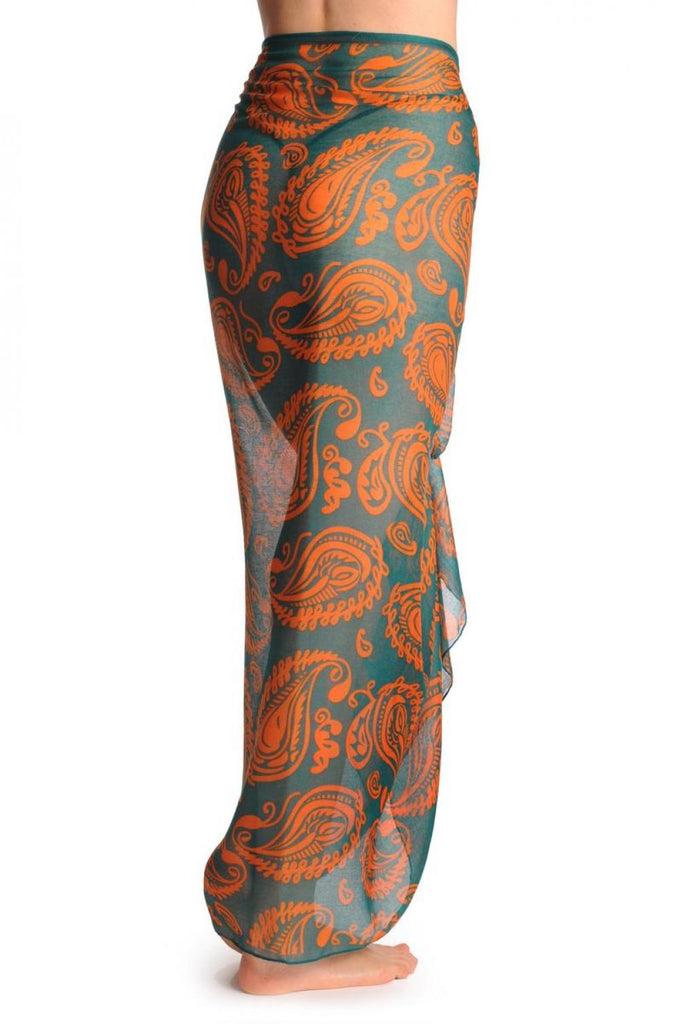 Liss Kiss Large Orange Turkish Flowers On Teal Blue Unisex Scarf & Beach Sarong - Scarf