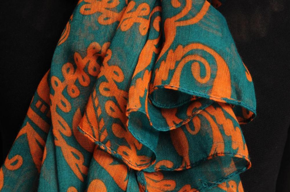 Liss Kiss Large Orange Turkish Flowers On Teal Blue Unisex Scarf & Beach Sarong - Scarf