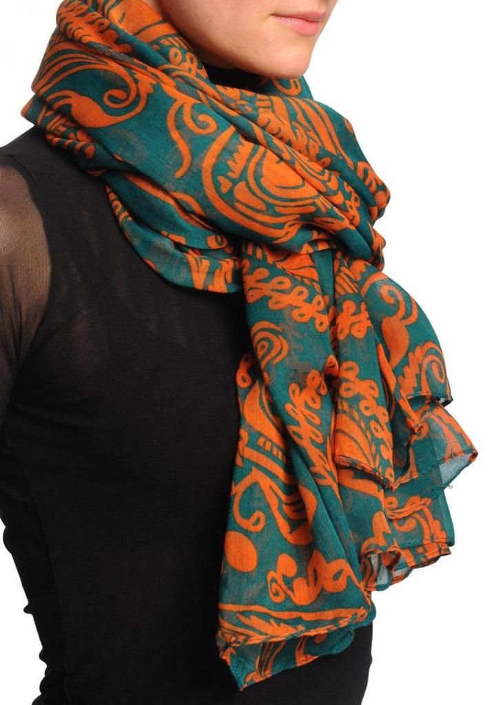 Liss Kiss Large Orange Turkish Flowers On Teal Blue Unisex Scarf & Beach Sarong - Scarf