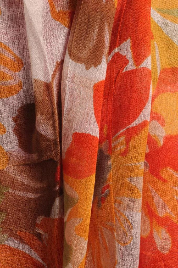 Liss Kiss Large Orange & Yellow Flowers With Tassels On Cream - Scarf