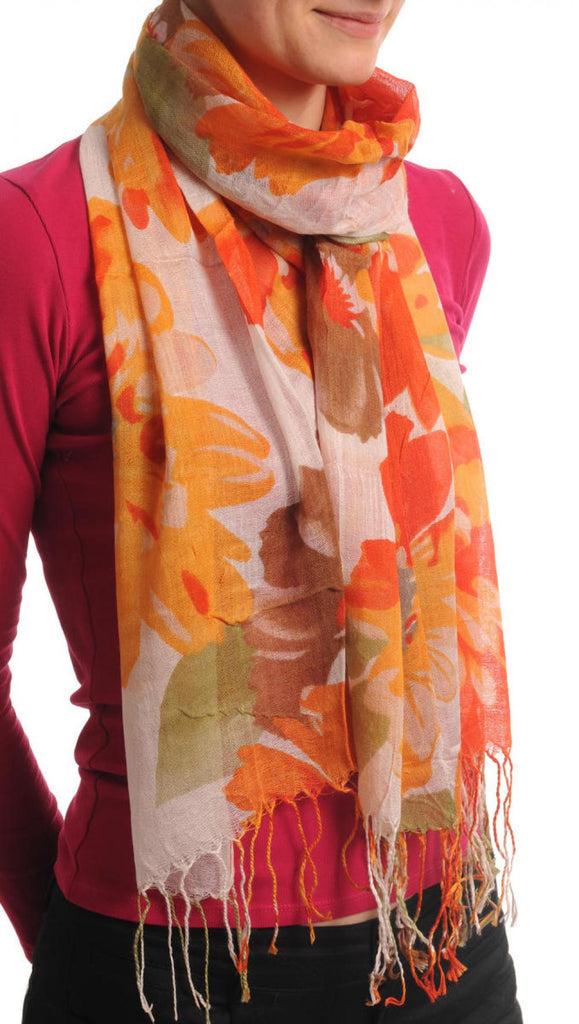 Liss Kiss Large Orange & Yellow Flowers With Tassels On Cream - Scarf