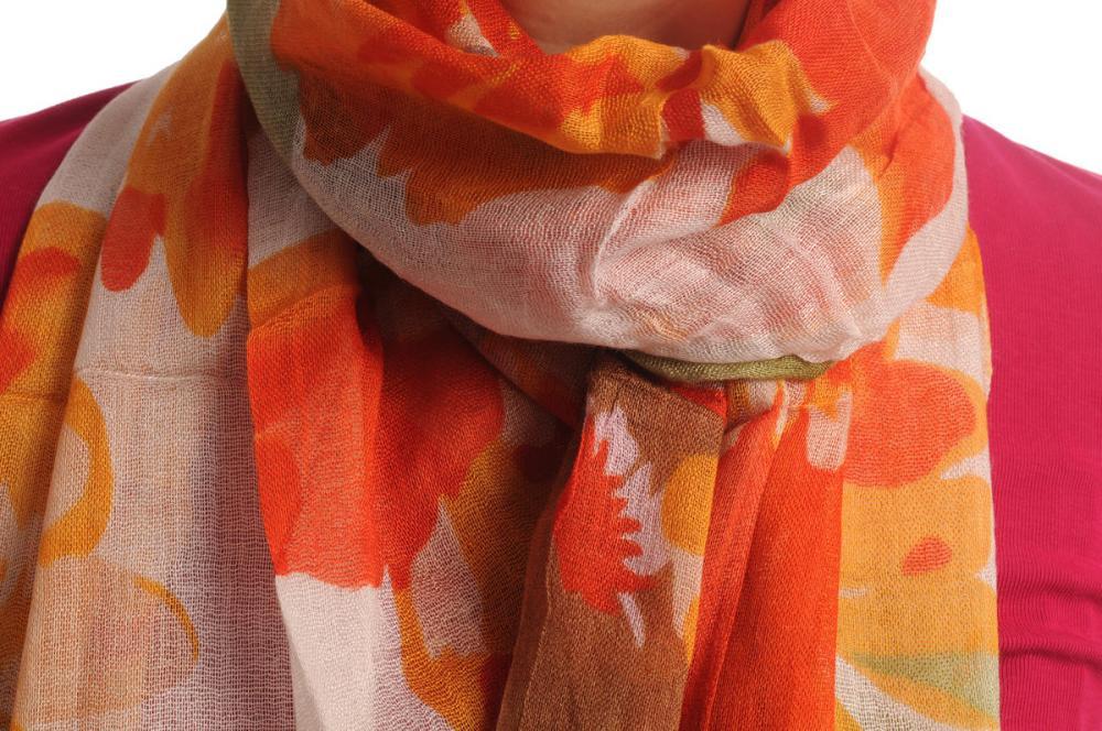 Liss Kiss Large Orange & Yellow Flowers With Tassels On Cream - Scarf