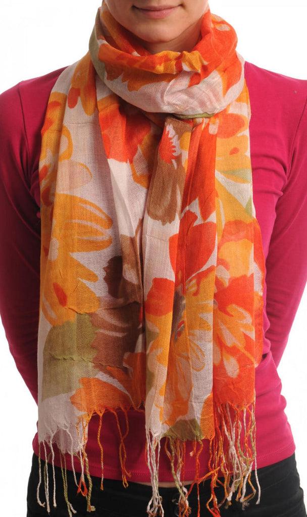 liss kiss Large Orange & Yellow Flowers With Tassels On Cream - Scarf