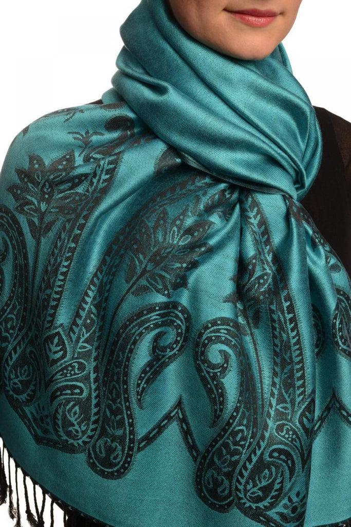 Liss Kiss Large Paisley On Bondi Blue Pashmina With Tassels - Scarf