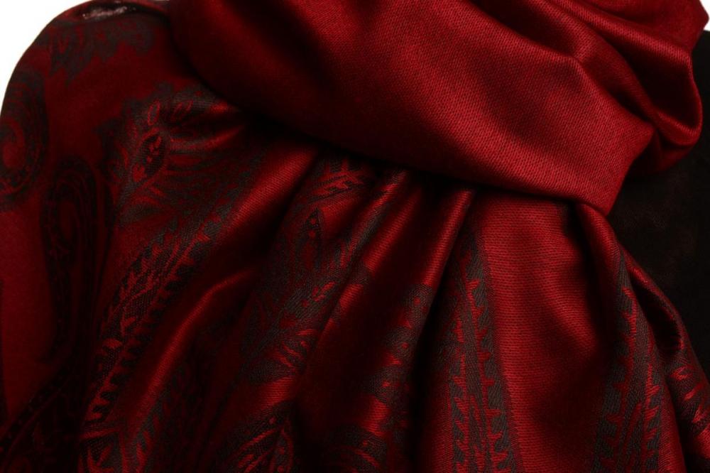 Liss Kiss Large Paisley On Burgundy Red Pashmina With Tassels - Scarf